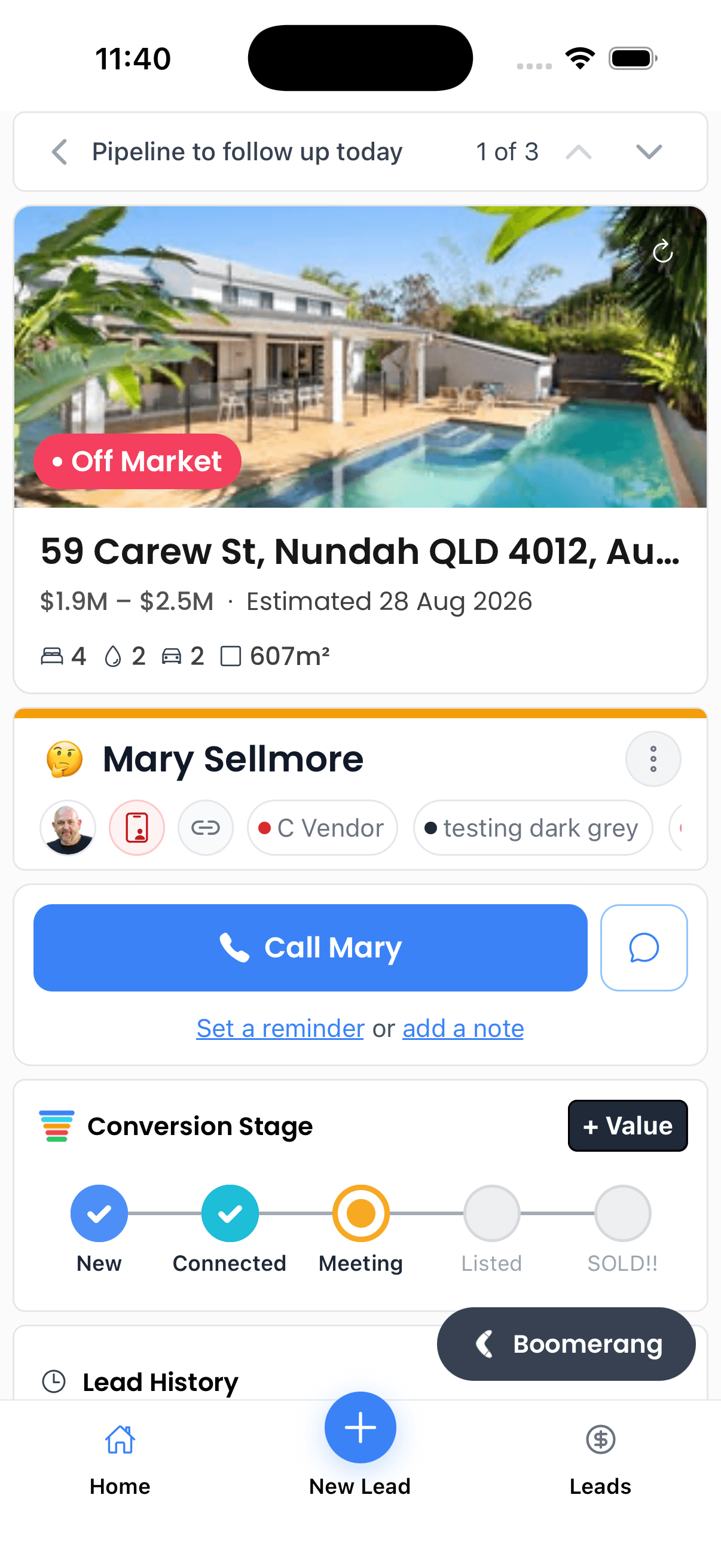 GoList app lead detail screen with conversion stages