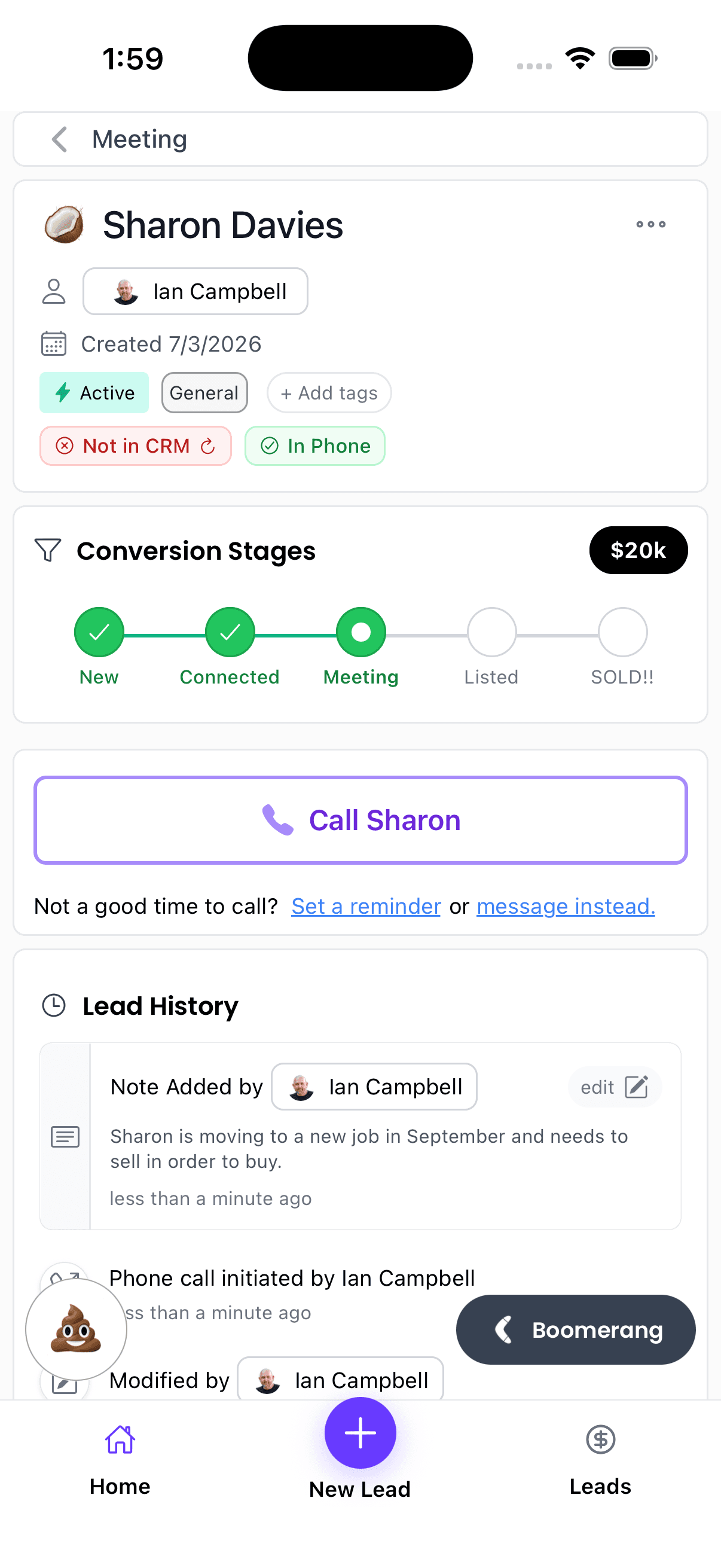 GoList app lead detail screen