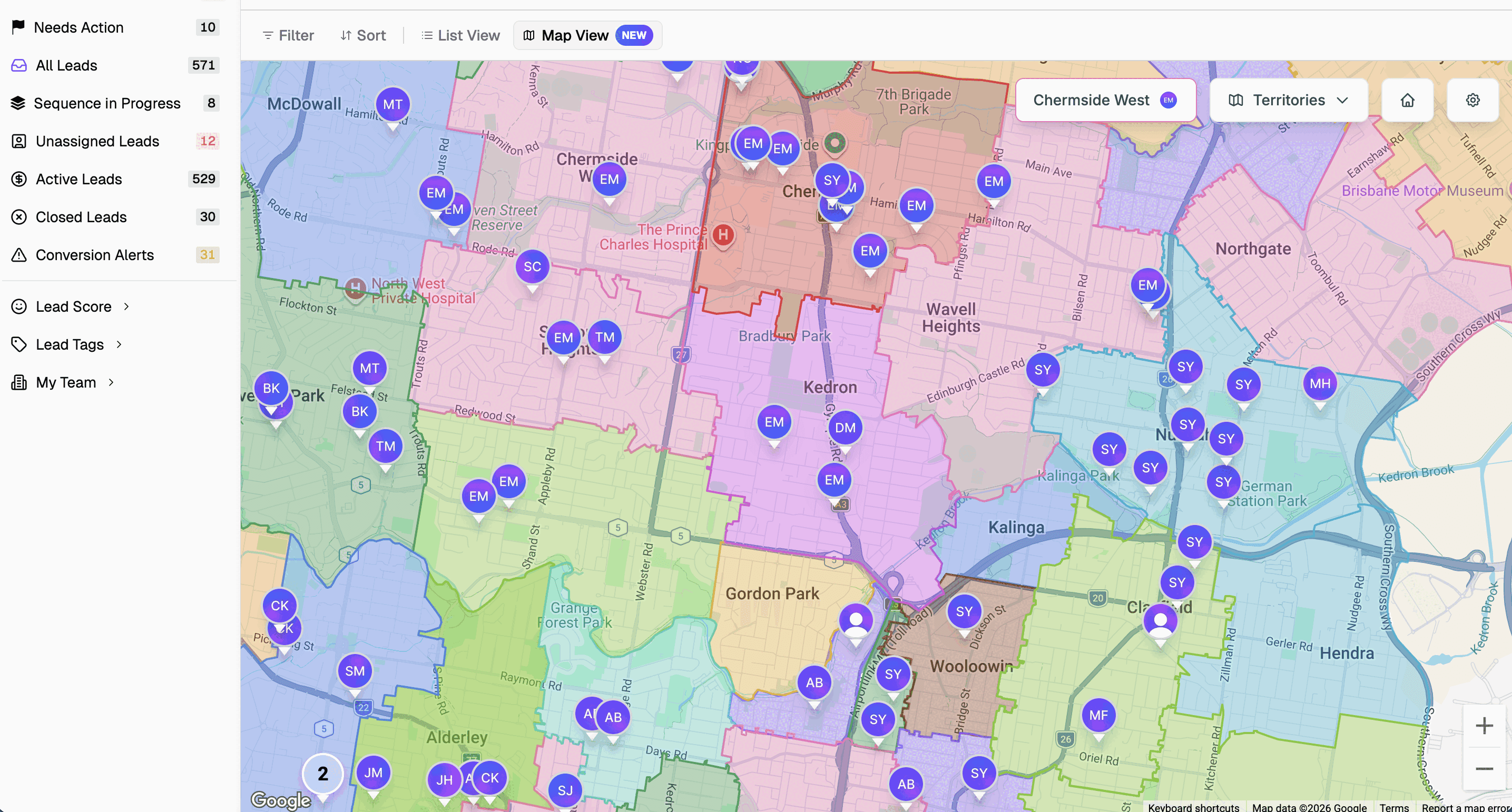 GoList web app showing lead map view